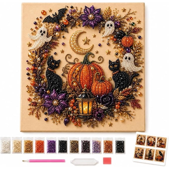 Halloween Ghost Pearl Art DIY Kit, 3D Cute Spooky Ghost Festive Fun | Halloween Ghost Pearl Art DIY Kit, 3D Faux Bead Embroidery Craft Set, Spooky Pumpkin Black Cat Canvas Wall Decor(Pumpkin)