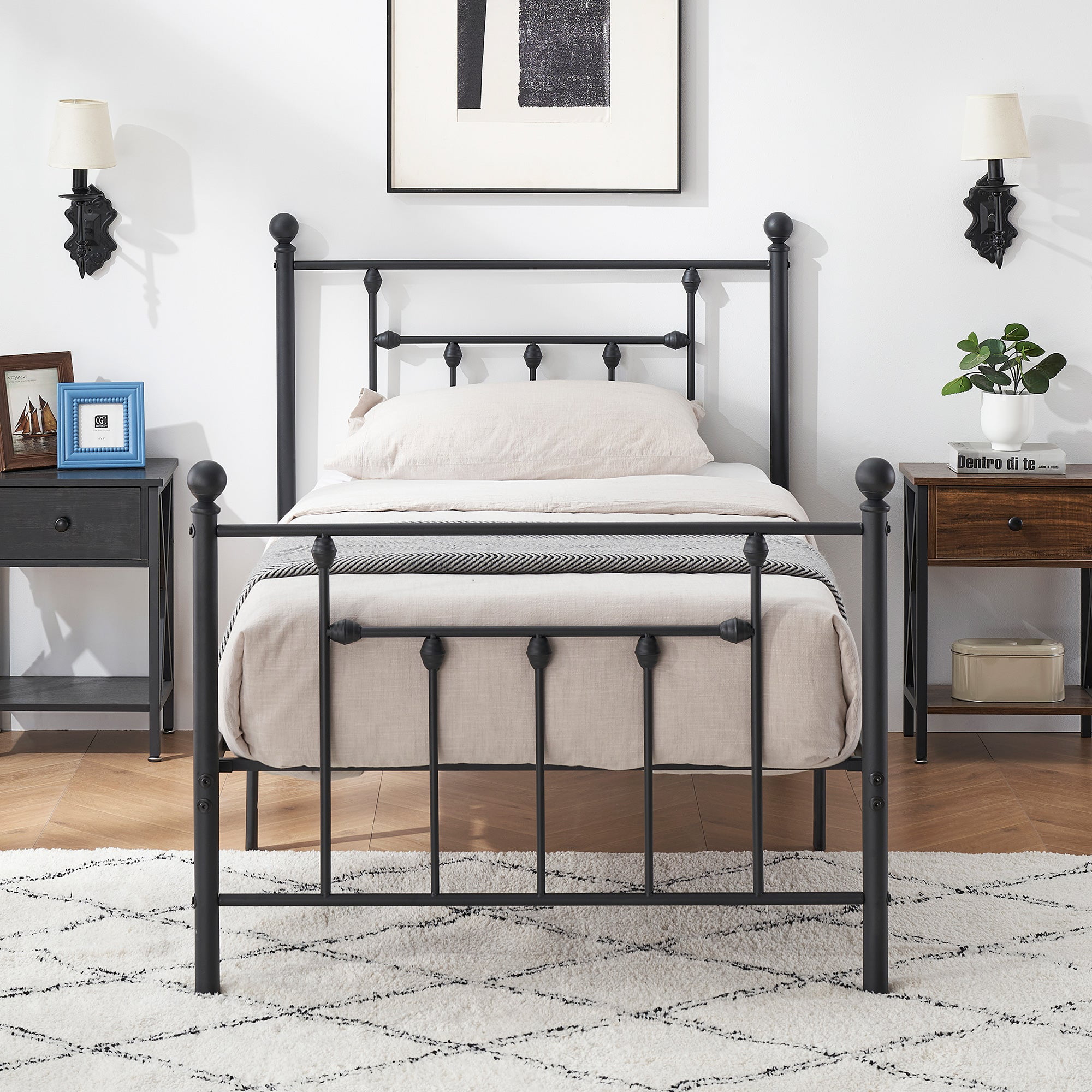 Details about   Twin Full Queen Metal Bed Frame Platform w/ Wooden Headboard/Footboard Mahogany 