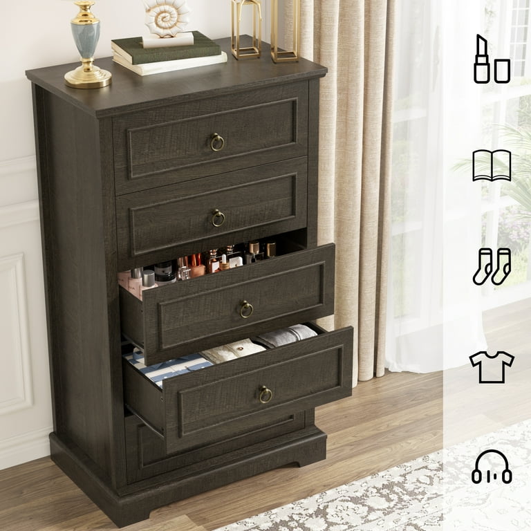 dark brown tall dresser Homfa 5 Drawer Dresser, Chest of Drawers Storage Cabinet for Bedroom Living Room, solid wood large and tall dresser is echoed in its dimensions and beautiful finish Brown Vertical Chest Dressers -
