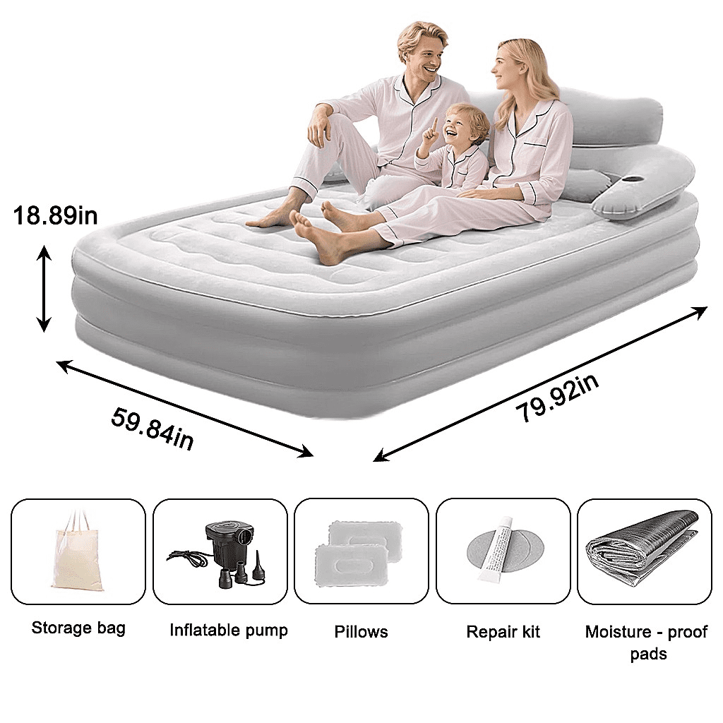 JieC Air Mattress , Inflatable Airbed with Built-in Pump & Headboard for Guest Home Camping Travel, 600lb MAX (Gray,Queen Size)
