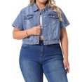 thumbnail image 4 of Chaqueta de mezclilla de mujer plus size Agnes Orinda, de manga corta, con botones, estilo cropped, talla 1X, color gris azul, 4 of 6