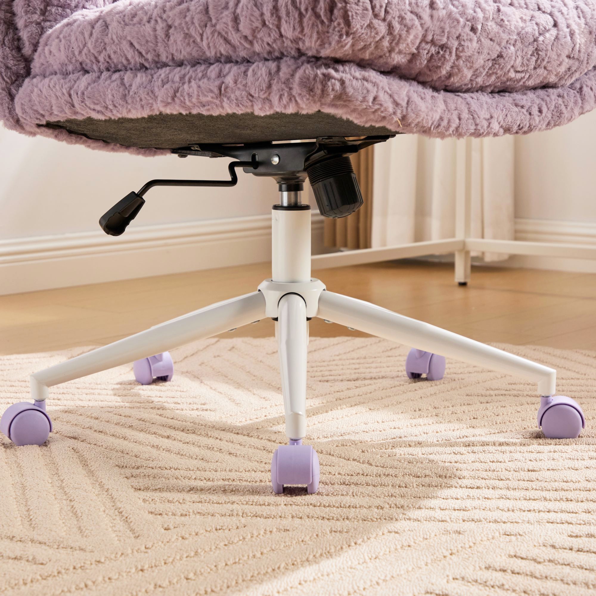 PORKISS Vanity Chair Makeup Chair, Home Office Chair, Ergonomic Desk Chair with Soft Faux Alpaca, Adjustable Swivel Task Computer Chair with Wheels, Violet