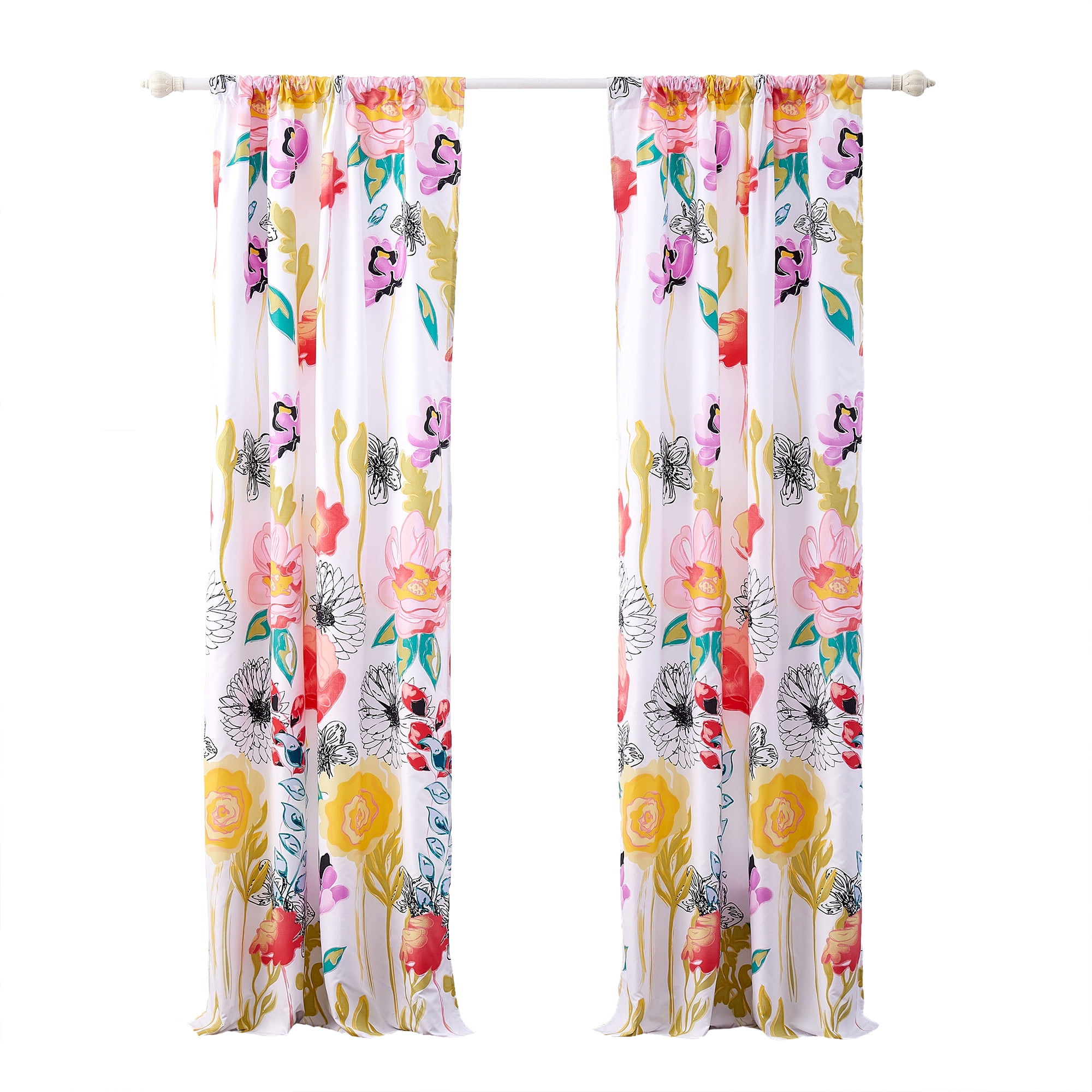 Global Trends Wildflower Delight Contemporary Curtain Panels, Set of 2, White, 84-inch Long