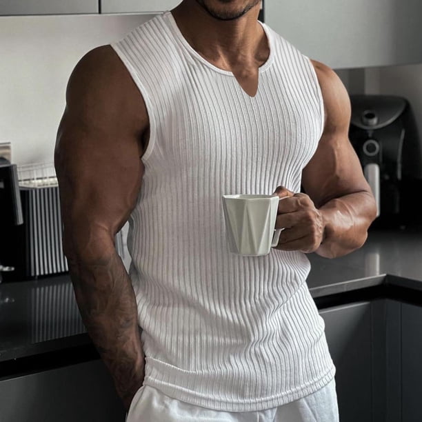 Ceisia Men's Slim-Fit V-Neck Ribbed Knit Sleeveless Tank Top White M Gifts