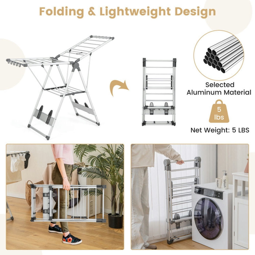 Finihen Drying Rack, Clothes Drying Rack, 2-Layer Folding Clothes Drying Rack with 5-Level Adjustable Height, for Indoor, Outdoor, Silver Finihen Drying Rack, Clothes Drying Rack, 2-Layer Folding Clothes Drying Rack with 5-Level Adjustable Height, for Indoor, Outdoor, Silver