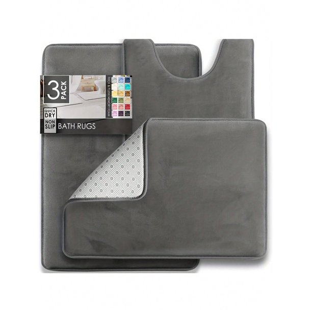 3pc Bathroom Rugs Sets 3 Piece, Velvet Foam Bath Mat - Non-Slip, Machine Washable Bath Rugs-Dries Q