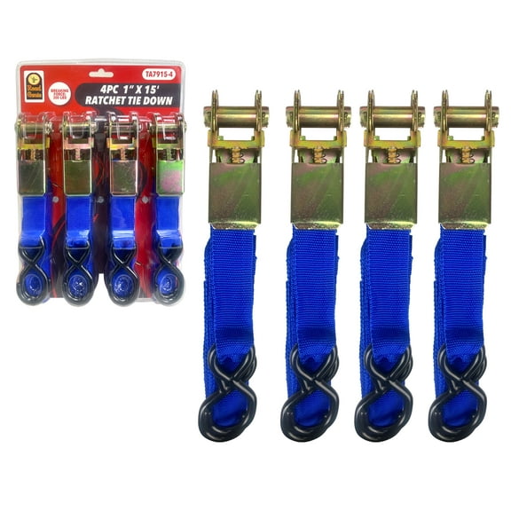 ToolUSA 4-Piece Heavy-Duty Ratchet Tie Down Straps | 1" x 15' (2.5 cm x 4.6 m) | For Secure Transportation | Weatherproof & Adjustable