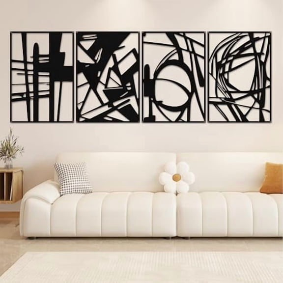 4 Pack Black Abstract Metal Wall Art, 16'' x 11'' Minimalist Single Line Art, 3D Textured Wall Sculptures for Living Room, Bedroom, Bathroom, Study Room Decor