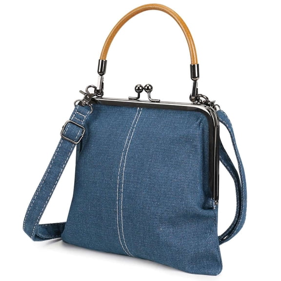 BadPiggies Retro Denim Handbags for Women, Kiss Lock Crossbody Tote Bag Stylish Shoulder Purses - Blue