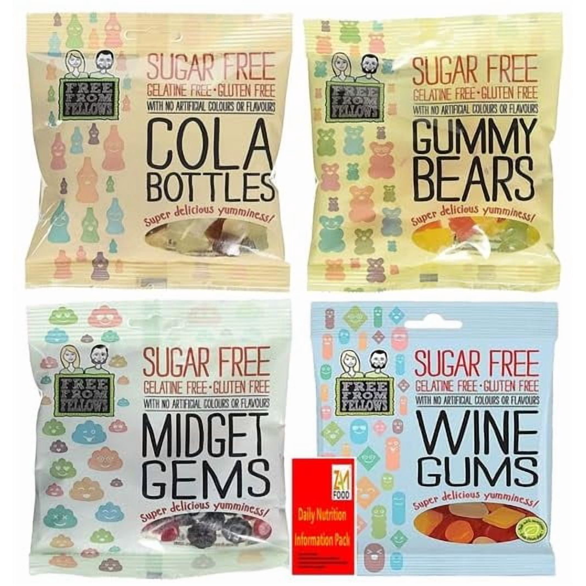 Sugar Free and Gluten-Free Vegan Sweets! Free from Fellows 4 X 70g Cola Bottles Gummy Bears Wine Gums and Midget Gems Value Pack Sugarless Yummy Delicious Gelatin Free Diabetic friendly (1 Bundle)