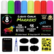 Vaci Markers- 8 Pack of Chalk Markers, Magnetic Chalkboard, Drawing Stencils, 16 Labels, Reversible Tips