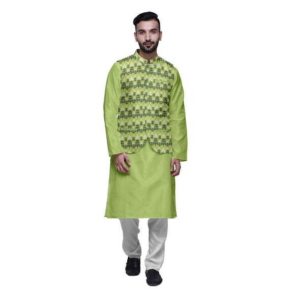 Atasi Kurta Solid Churidar Pajama & Printed Nehru Jacket Set For Mens Party Wear