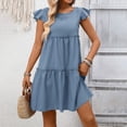 thumbnail image 2 of vigerkar Women's Summer Dresses Sleeveless Ruffle Sleeve Round Neck Solid Loose Short Flowy Pleated Mini Dress (Blue, S), 2 of 5