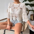 thumbnail image 6 of Women's Crochet Lace Beach Cover Up, 3/4 Sleeve Fringe Hem Hollow Out Loose Fit Poncho Top for Summer Vacation, Beige One Size, 6 of 6