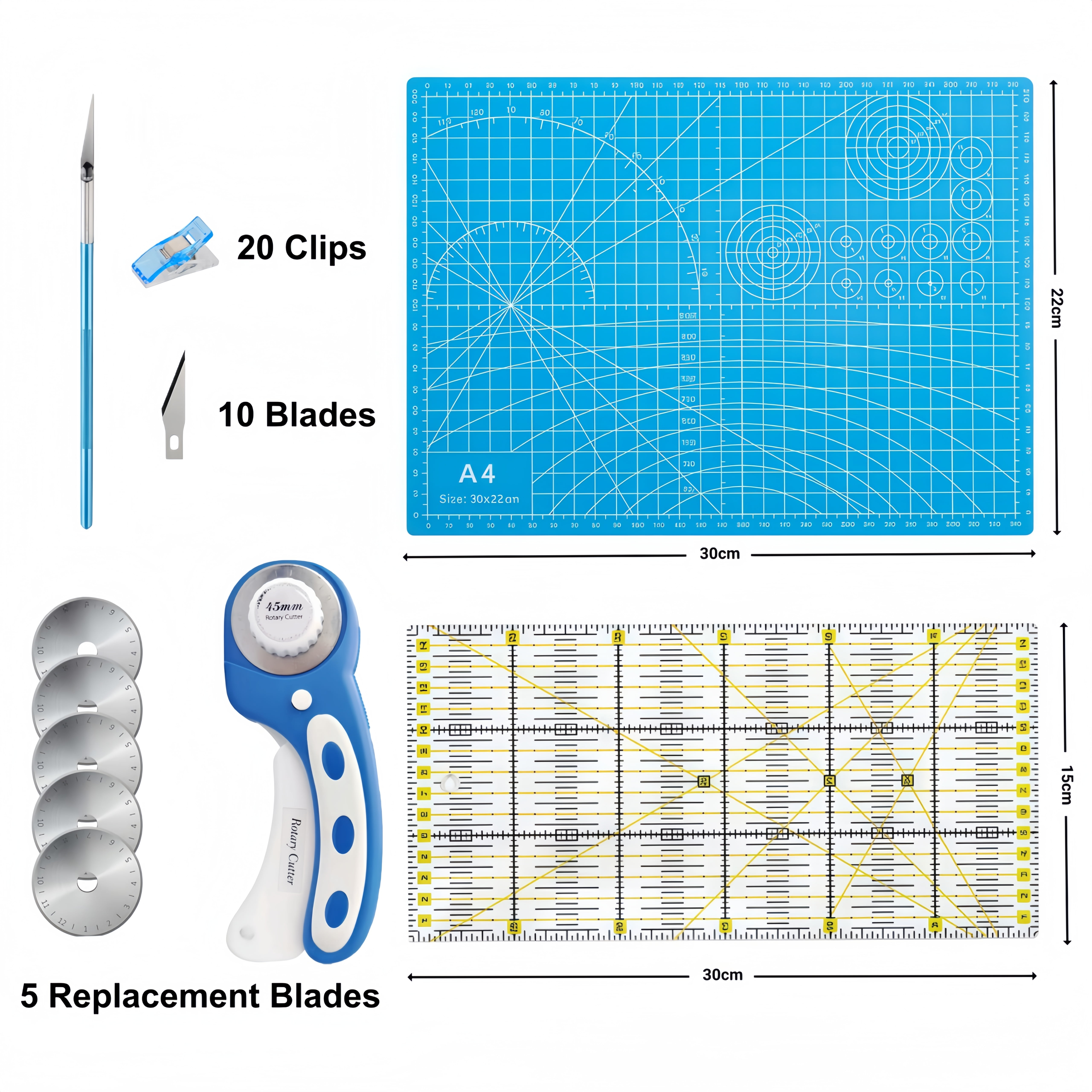 39 Pcs Rotary Cutter Set Blue with 45mm Fabric Cutter and Extra Blades for Quilting