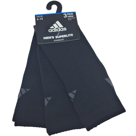 Adidas Men's Superlite Crew Socks Black Striped Shoe Size 6-12 Aeroready Mid Calf 3 Pair