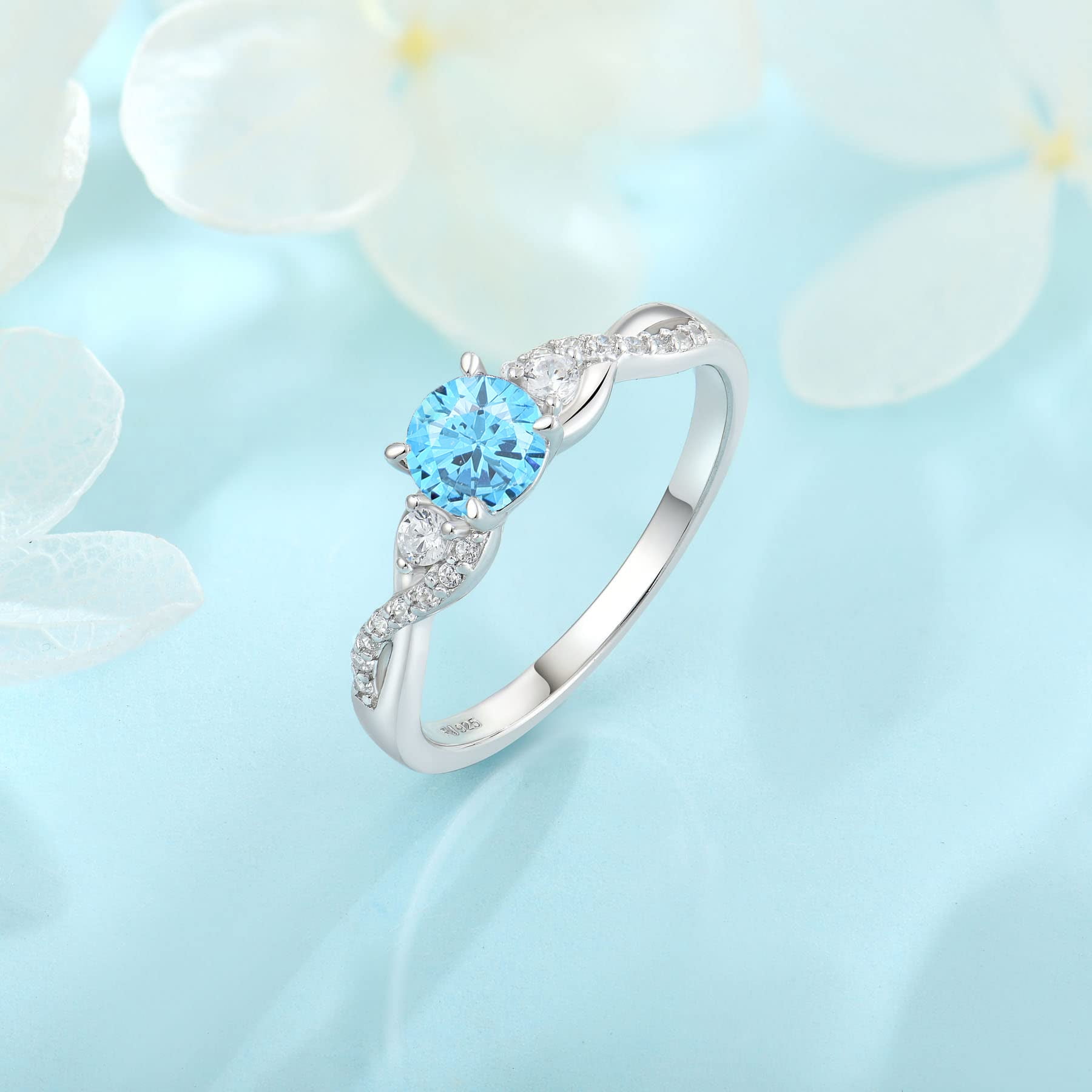 FJ Promise Rings for Her 925 Sterling Silver Engagement Ring Anniversary Wedding Eternity Ring Aquamarine March Birthstone Jewelry for Women Size 8