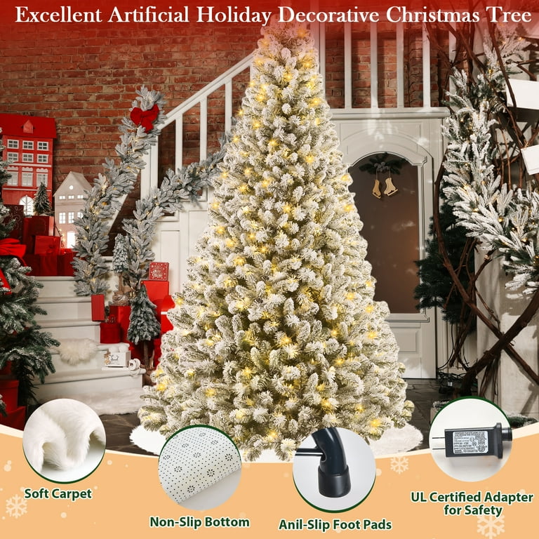 Yexmas 7.5ft Snow Flocked Christmas Tree, Pre-Lit Artificial