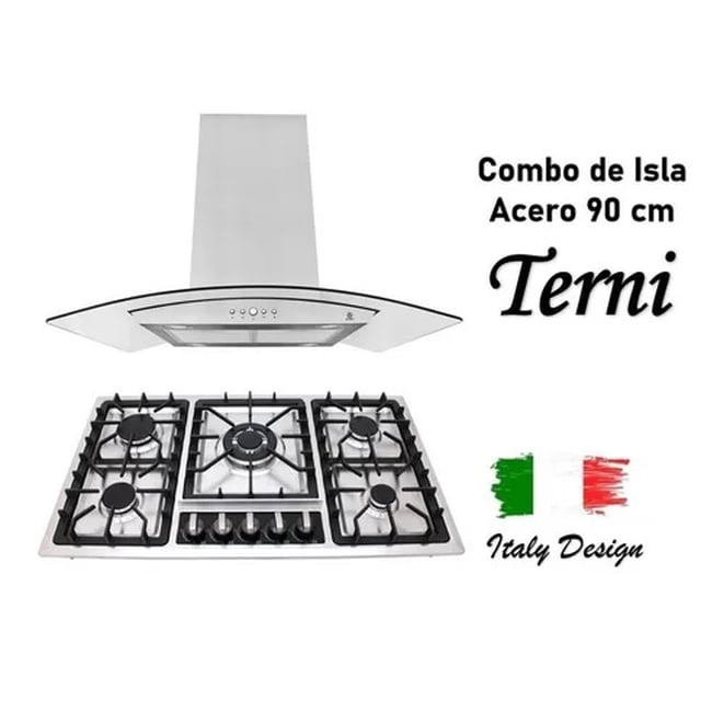 Combo Parrilla y Campana SUPRA 5 Quemadores Acero Inoxidable con Campana para Isla 90 cm