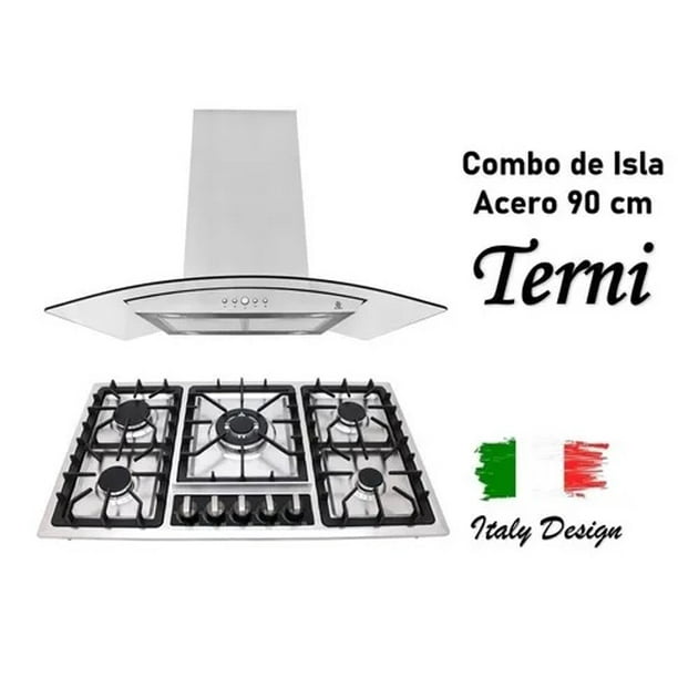 Combo Parrilla y Campana SUPRA 5 Quemadores Acero Inoxidable con Campana para Isla 90 cm