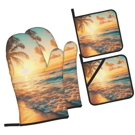 

Pofeuu Tropical Sunset Beach Scene Print Oven Mitts and Pot Holders 4 pcs Set High Heat Resistant 500 Degree Extra Thicken Long Kitchen Cotton Oven Glove for Cooking