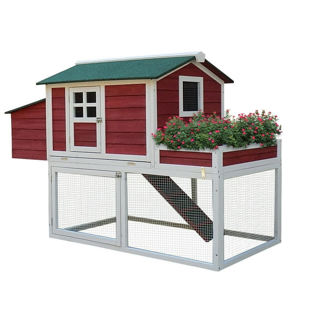 PawHut 63" Chicken Coop Wooden Hen House Rabbit Hutch Poultry Cage Pen Outdoor Backyard With Garden Box, Run Area, Nesting Box Brown