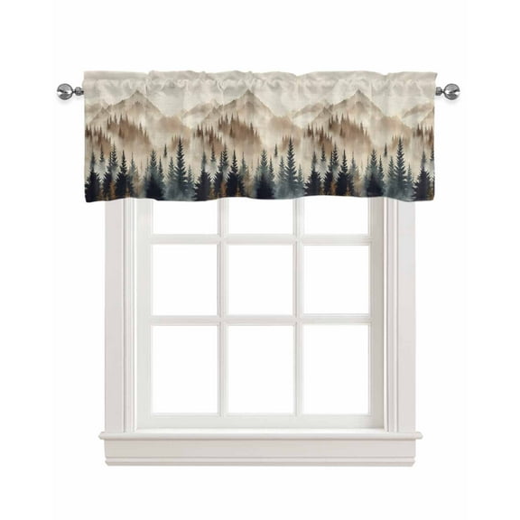 Tan Forest Kitchen Valances for Windows Farmhouse Linen Window Valance Curtain for Living Room Window Treatment Trees Woods Vintage Natural Watercolor Valance Rod Pocket Topper Drape, 60 x 18 Inch