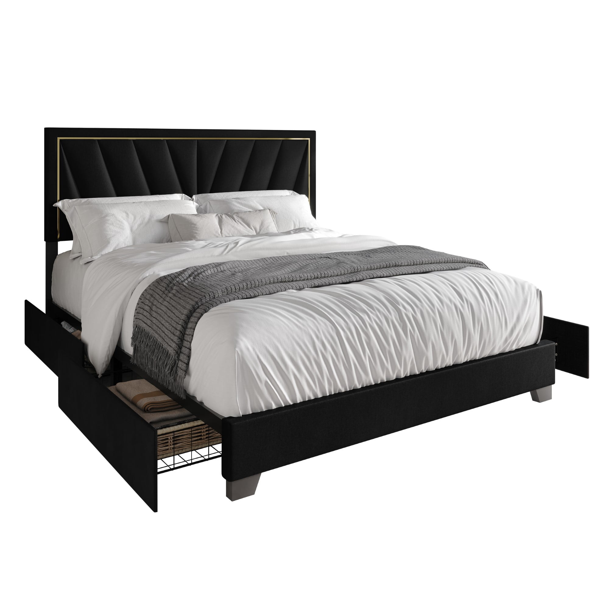 Home Design Valdez King Upholstered Storage Platform Bed Frame with Gold Aluminum Trim and Four Under-Drawers, Black, Easy Assembly