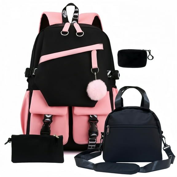 4Pcs Girls Backpack with Lunch Box  Set, 17 inch School Bookbag with Lunch Bag for Teens