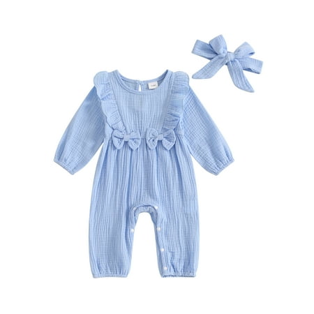 

Wilcliar Baby Girls Casual Jumpsuit Long Sleeve Crew Neck Ruffle Trim Romper with Headband