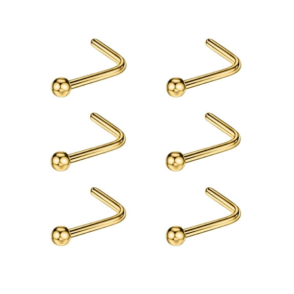 6pcs 20g 1.5mm Ball Nose Rings Studs for Women L Bend Nose Studs Surgical Steel Nose Stud Gold Plated L Shaped Nose Studs Nostril Piercing Jewelry 20 Gauge