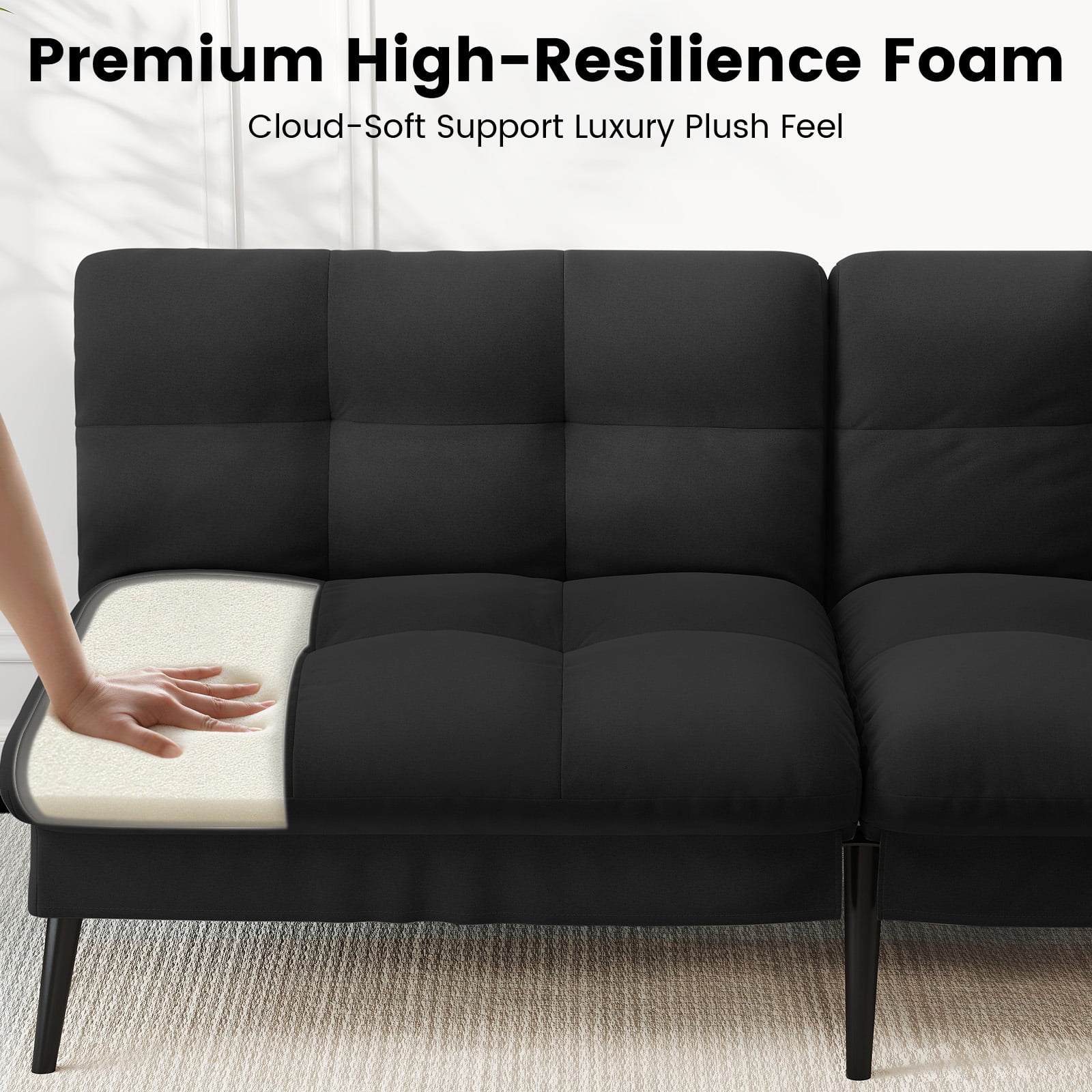 CloudRest Pro 72" Modern Convertible Futon Sofa Bed, Upholstered Futon Couch with 5 Adjustable Backrest Angles,Suitable for Apartment,Living Room,Black