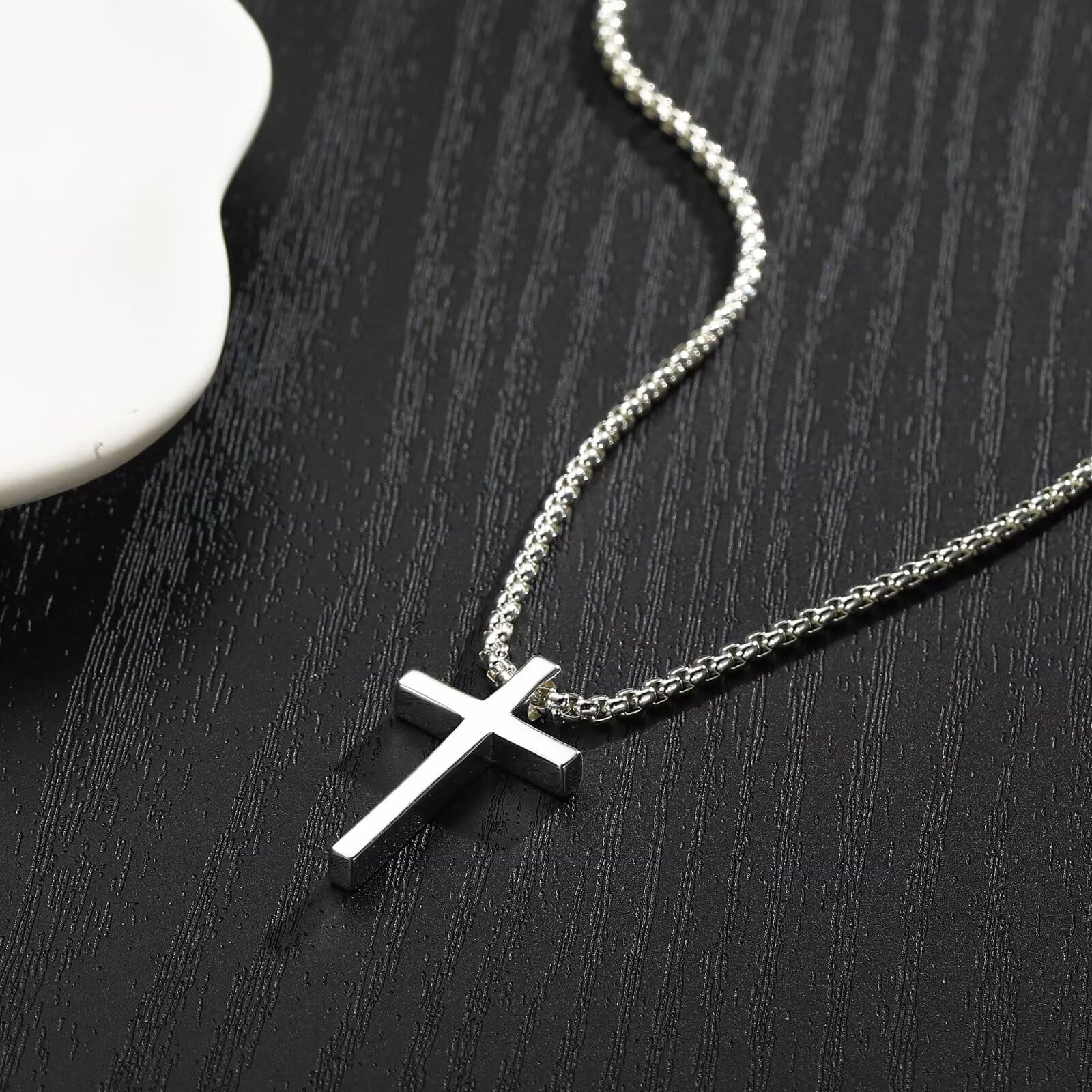 Turandoss S925 Sterling Silver Cross Necklace for Men 18K Silver Plated 22 inch Diamond Cut Chain Mens Jewelry Christian Religious Birthday Fathers Day Gifts for Men Boys Father Dad from Son