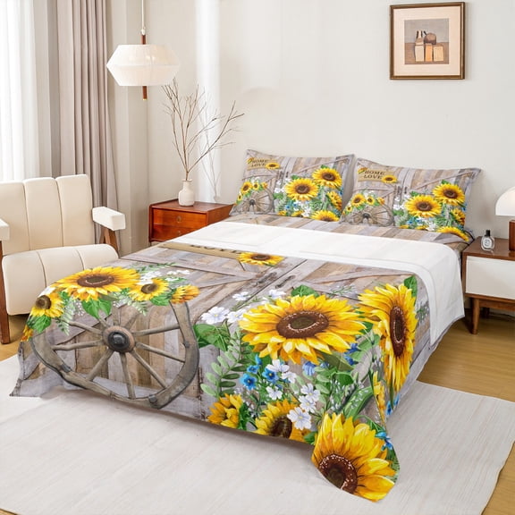 Manfei Rustic Sunflower Twin Sheet Sets,Old Barn Door Twin Fitted Sheet,Country Farmhouse Lodge Flat Sheet For Men Women,Ultra Soft Home Decor,3 Pieces