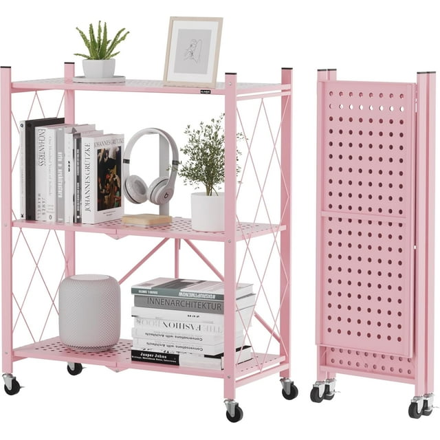 Storage Shelves with Wheels Bookshelf with Storage No Assembly Metal Rack Shelf for Kitchen Office Laundry Garage Tier )