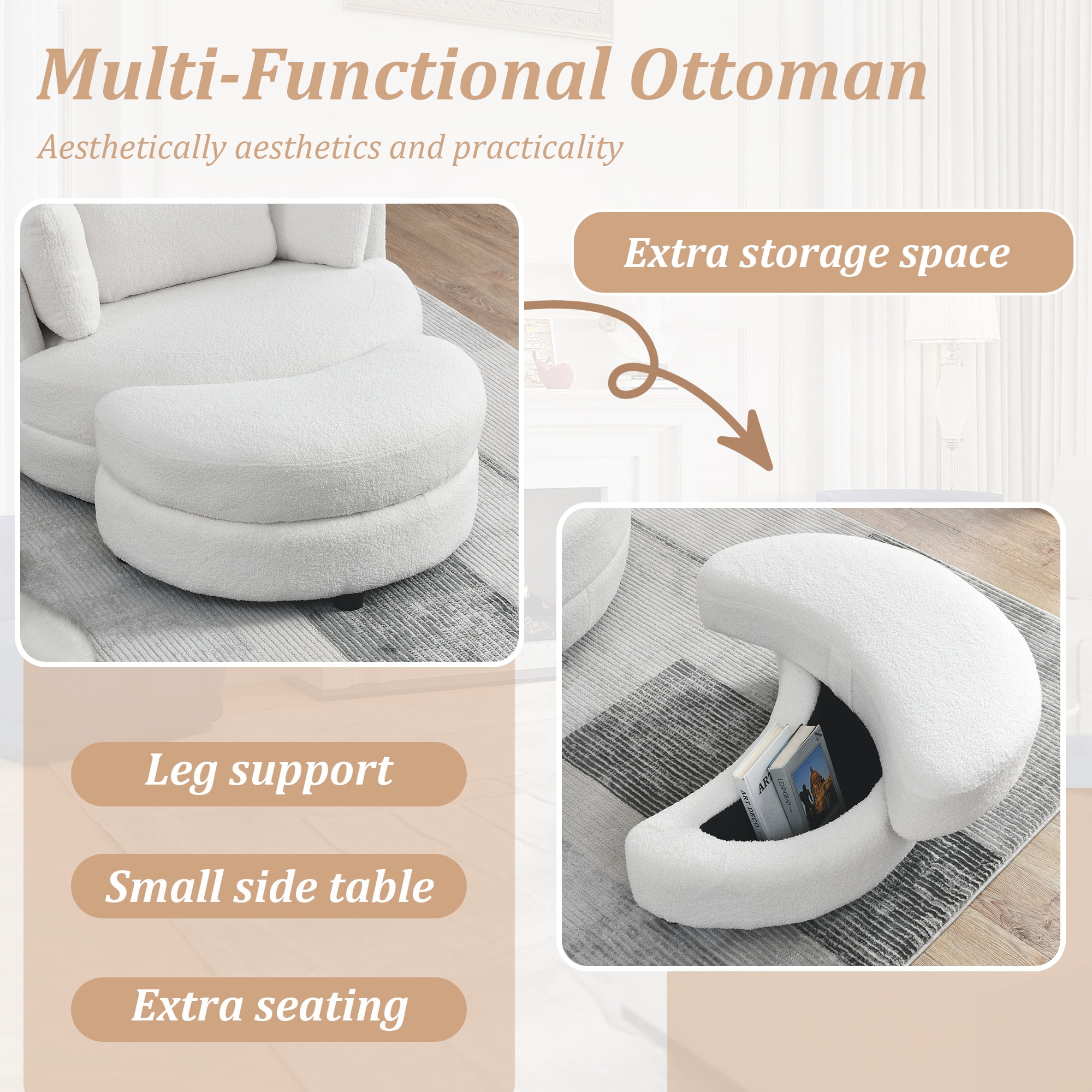 Dinosisco 39"W Oversized Swivel Accent Barrel Chair with Storage Ottoman, Ivory Teddy