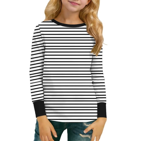 Boys Girls Long Sleeve Pullover Tops Crew Neck Stripes Color Block Blouse Causal Comfy Stylish Clothes