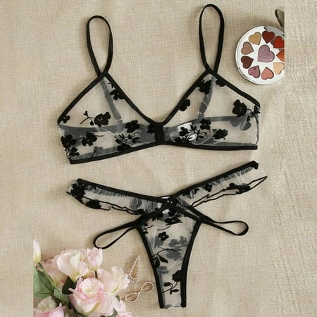 

Women Lace Embroidery Bra Sets Sleepwear Underwear Thong Lingerie Set