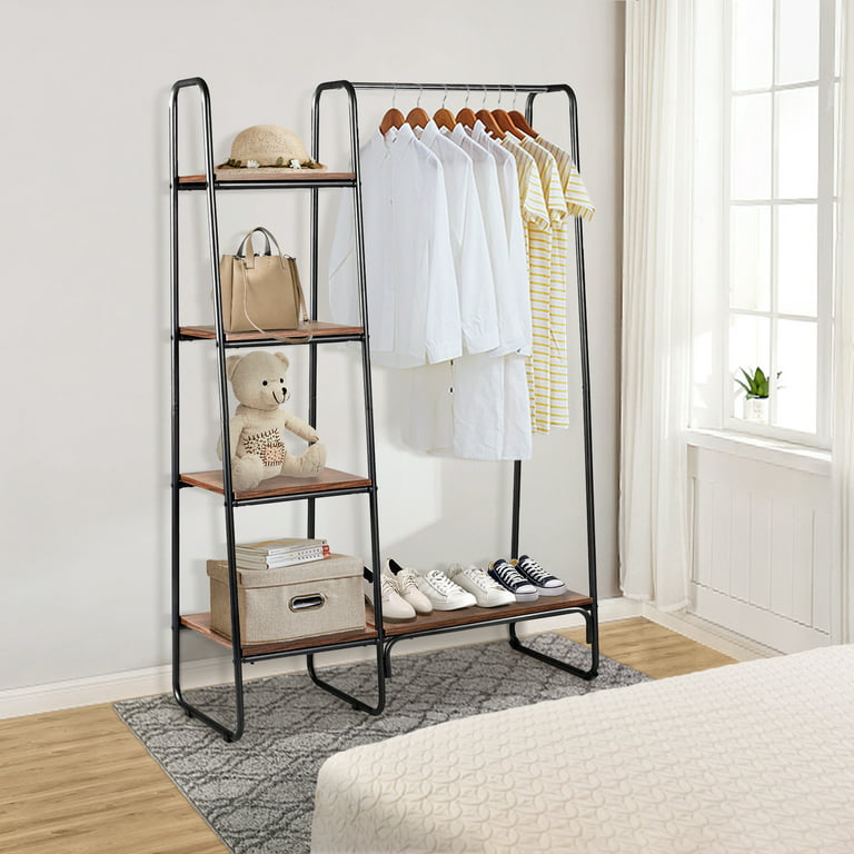 Lusimo Clothes Rack 4 Tiers Clothing Rack with Shelves Heavy Duty Garment  Rack Industrial Hanging Clothes Rack for Bedroom Living Room with Metal  Frame Rustic Brown 