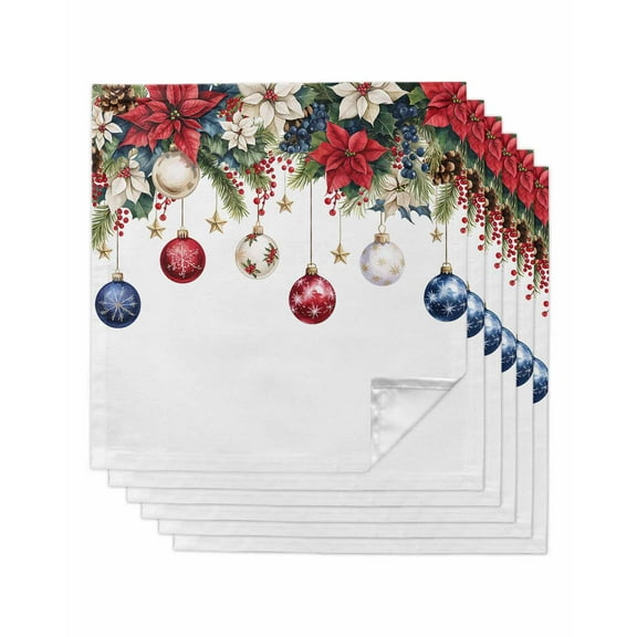 Blue Red Christmas Balls Cloth Napkins Set of 6, Snowflake Xmas Botanical Berry Washable Reusable Dinner Cocktail Napkin for Kitchen Party Wedding Banquet Holiday Baby Shower Table Decor