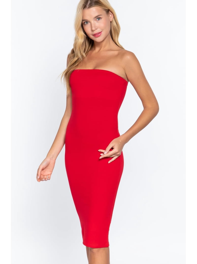 J. Method Women's Midi Dress Strapless Tube Top Stretch Basic Casual Knee Length One Piece, Size: Medium, Red