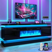Blotout 71" Fireplace TV Stand with 40" Fireplace, LED Lights & Power Outlet for 85/80/75 Inch TV, Modern Gaming Entertainment Center with High Gloss Cabinet, Media TV Console for Living Room (Black)