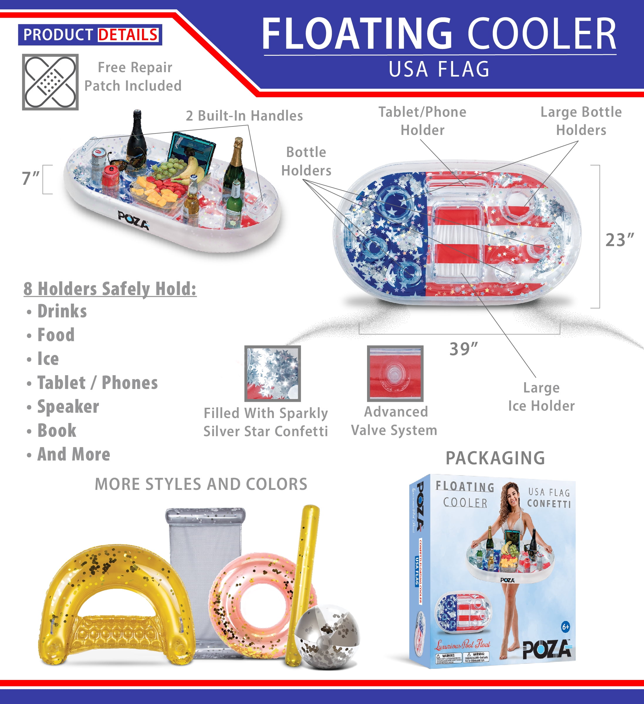 POZA 空気注入式 アメリカ国旗 フローティングクーラー ー 豪華なドリンクホルダー キラキラ紙吹雪入り プレミアムパーティーフロート ホルダー8個 POZA 空気注入式 ローズゴールド フローティングクーラー - 豪華な