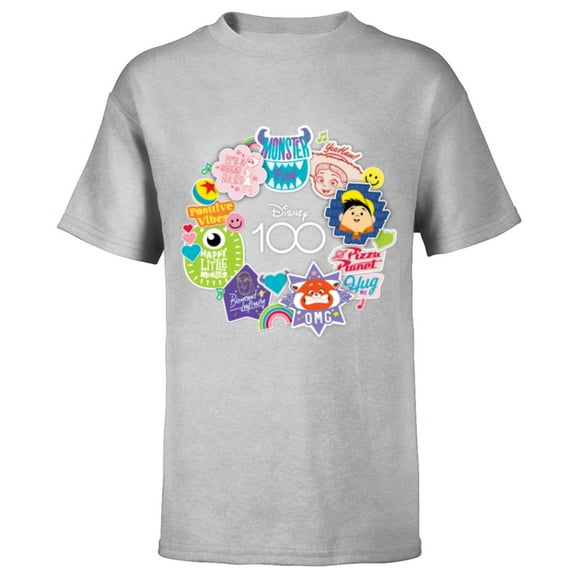 Disney 100 Pixar Happy Faces Sticker Circle D100 - Short Sleeve T-Shirt for Kids - Customized-Athletic Heather