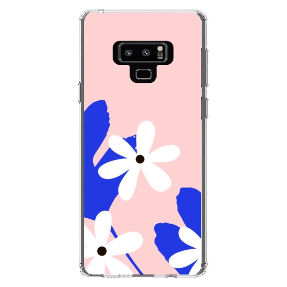 DistinctInk Clear Shockproof Hybrid Case for Samsung Galaxy Note 9 - TPU Bumper, Acrylic Back, Tempered Glass Screen Protector - Summer Vibes Bold Flower Pink White Blue