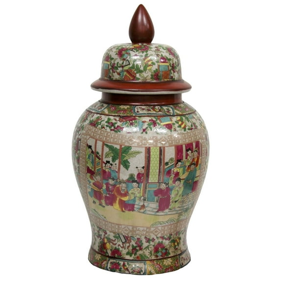 Red Lantern 18" Rose Medallion Porcelain Temple Jar