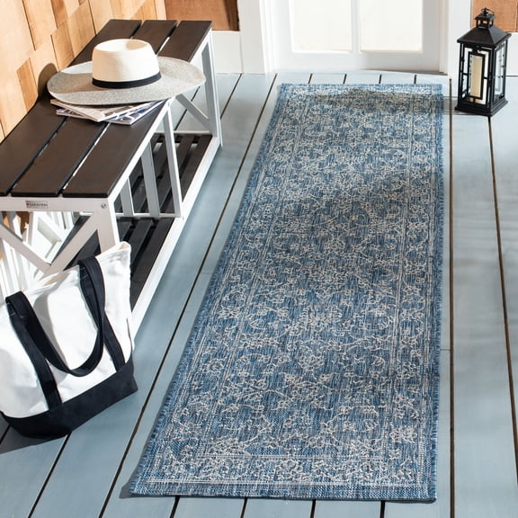SAFAVIEH Courtyard Darin Botanical Indoor/Outdoor Runner Rug, Navy/Ivory, 2'3" x 18'