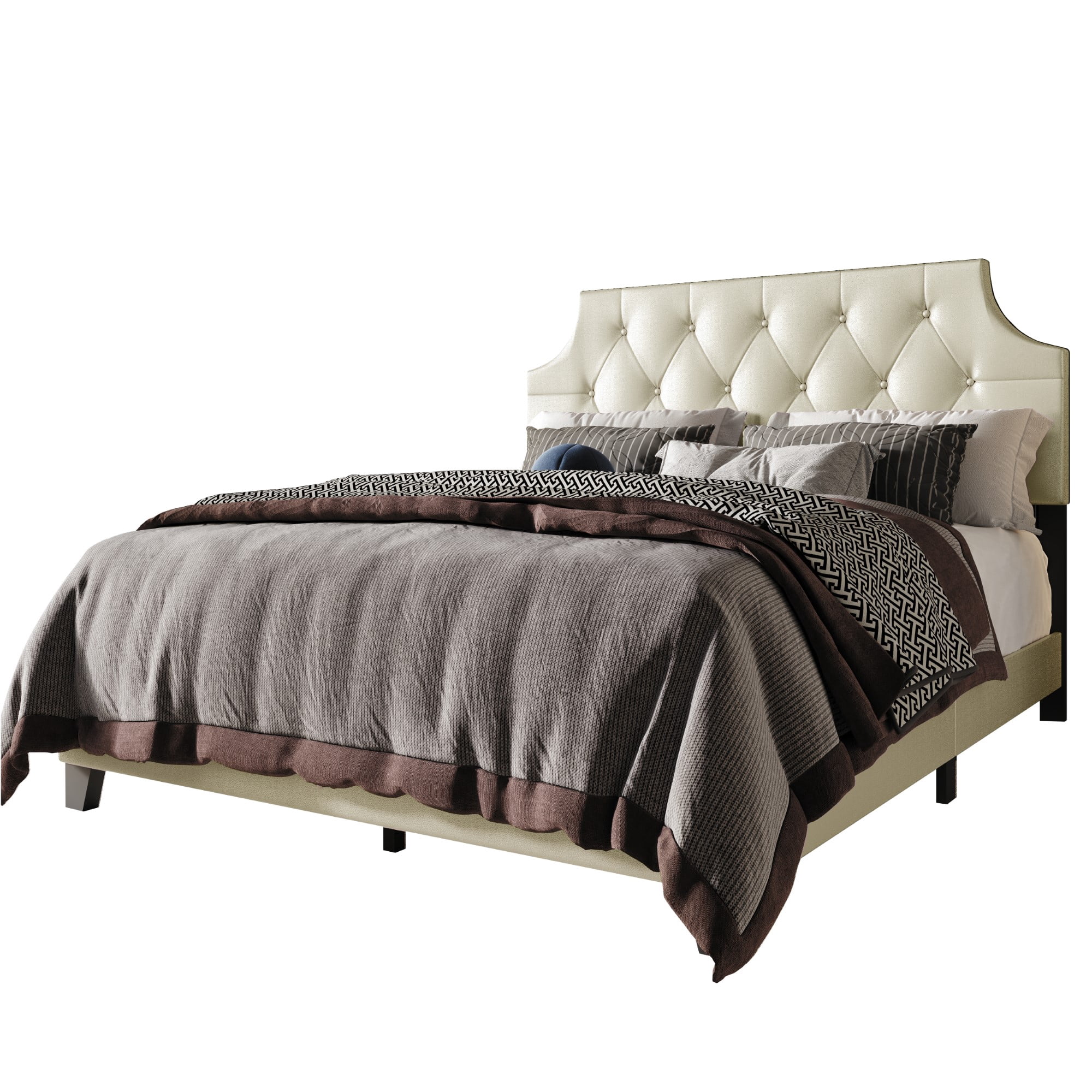 Home Design Mexico Queen Tufted Upholstered Platform Bed with Scooped Headboard and Padded Surface, Champagne, Easy Assembly
