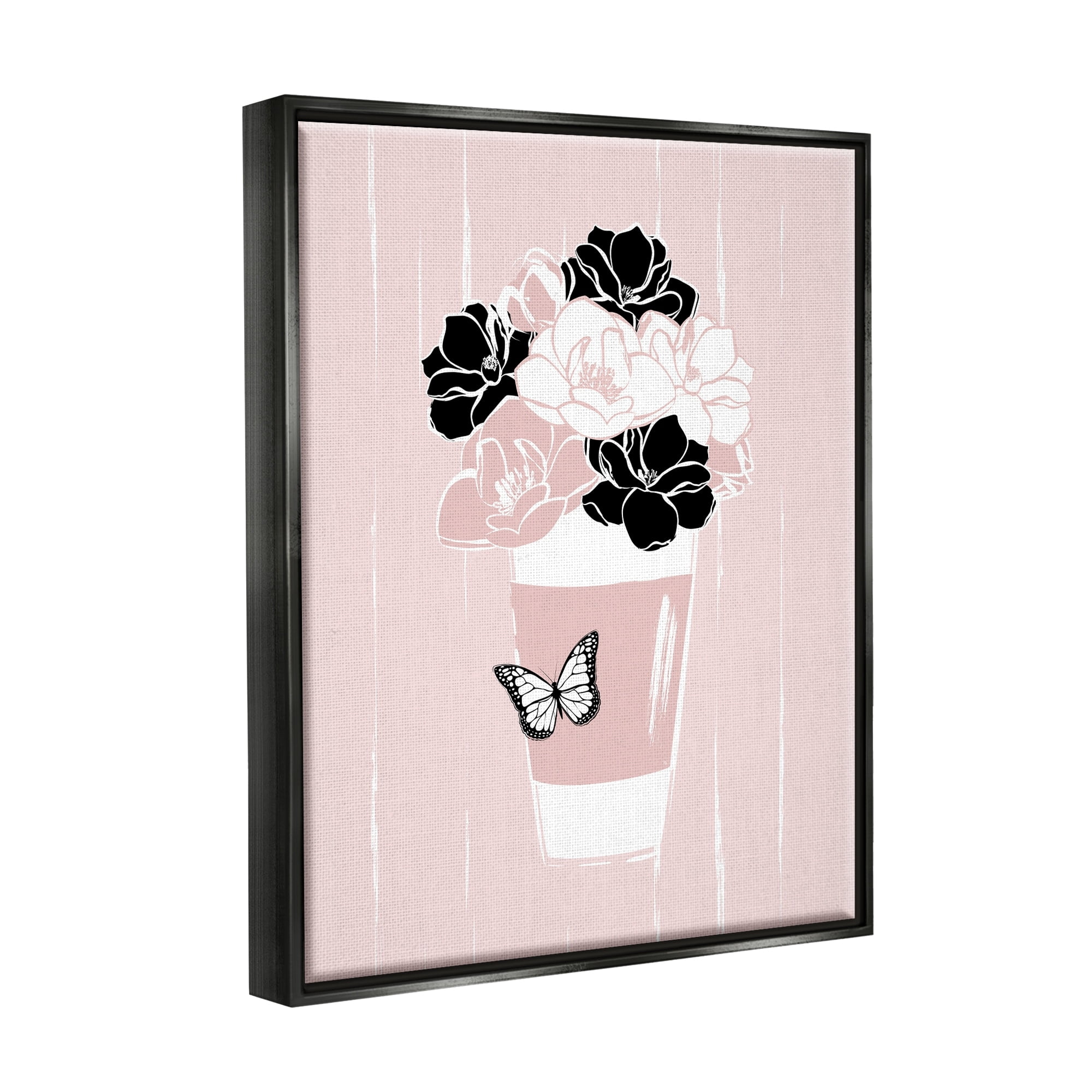 Stupell Industries Casual Coffee Cup Pink Assorted Flowers Arrangement Graphic Art Jet Black Floating Framed Canvas Print Wall Art, Design by Martina Pavlova
