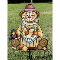 Scarecrow Sits with Apple Basket Fall Yard Art Decoration